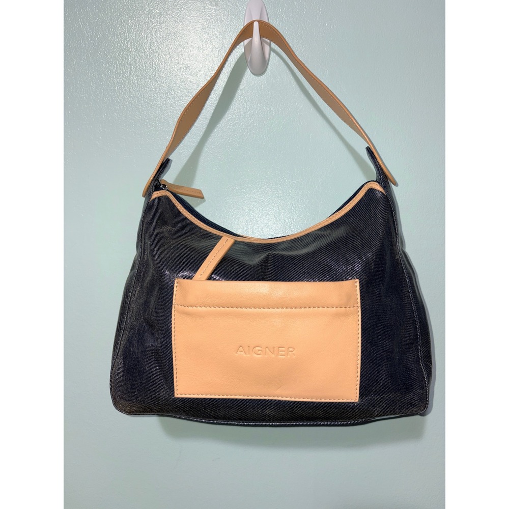 Aigner Denim‎ Leather Accent Hobo Shoulder Bag Tan Accent